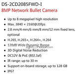 Hikvision DS-2CD2085FWD-I 8MP Network Bullet Camera with 2.8mm Lens (12 VDC & PoE IP67 30m IR Built-in SD Slot H.265 3D DNR Motion Detection) (Renewed)